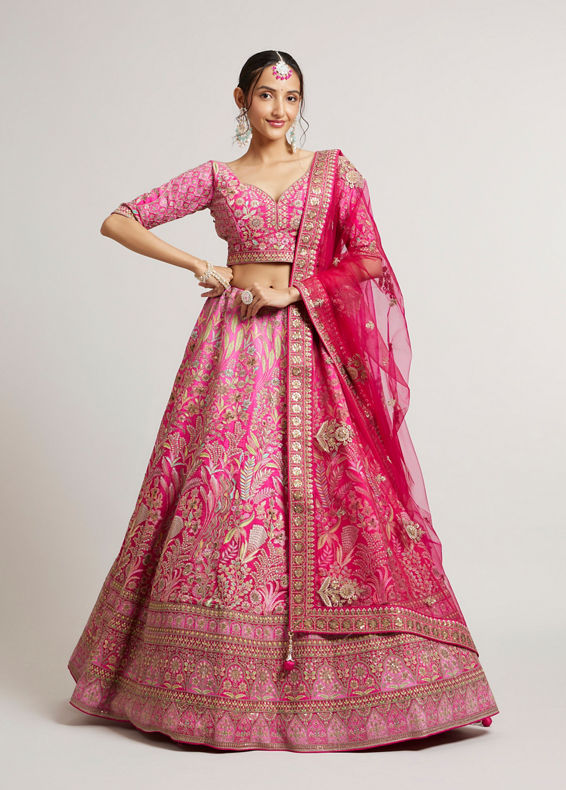 Mohey Women Rani Pink Lehenga with Botanical Patterns