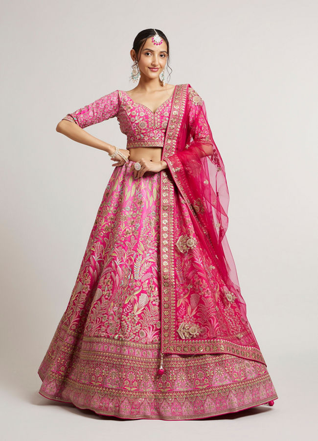Mohey Women Rani Pink Lehenga with Botanical Patterns, Floral Motifs