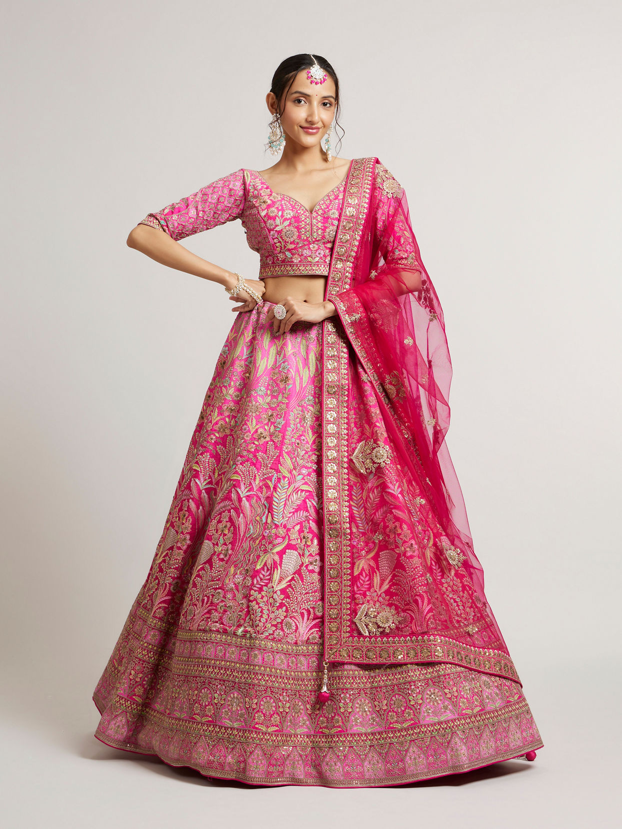 Mohey Women Rani Pink Lehenga with Botanical Patterns, Floral Motifs