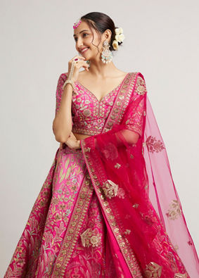 Mohey Women Rani Pink Lehenga with Botanical Patterns, Floral Motifs