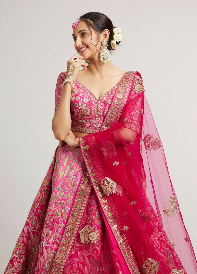 Mohey Women Rani Pink Lehenga with Botanical Patterns, Floral Motifs