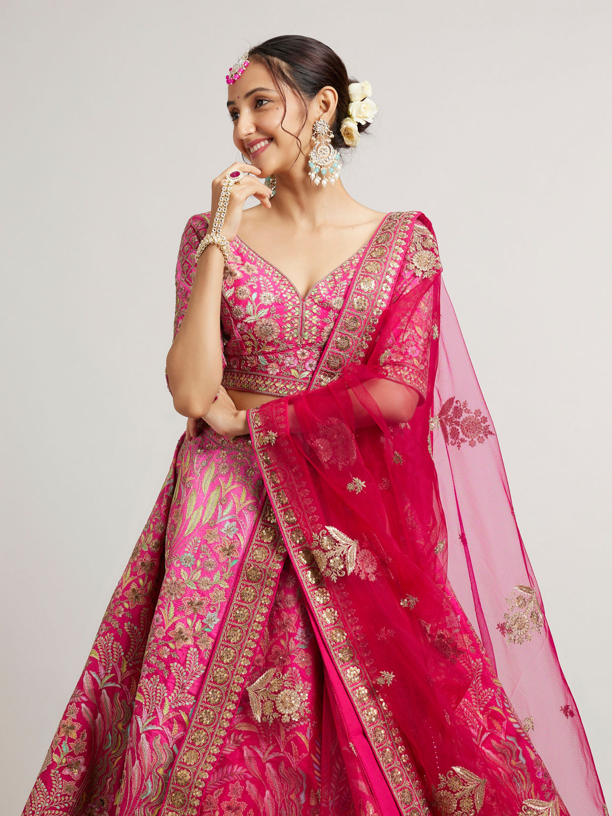 Mohey Women Rani Pink Lehenga with Botanical Patterns, Floral Motifs