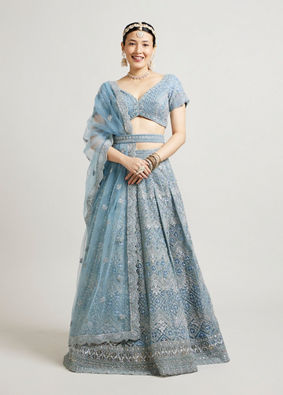 alt message - Mohey Women Ethereal Blue Net Lehenga image number 0