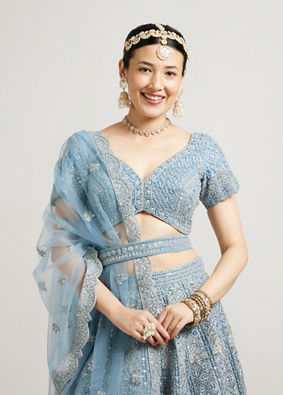 alt message - Mohey Women Ethereal Blue Net Lehenga image number 1