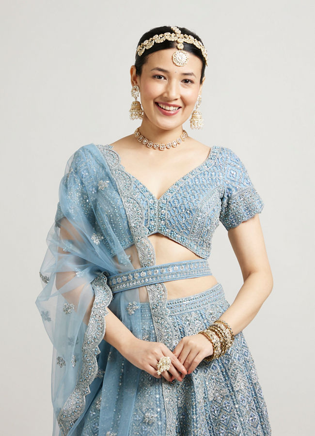 alt message - Mohey Women Ethereal Blue Net Lehenga image number 1