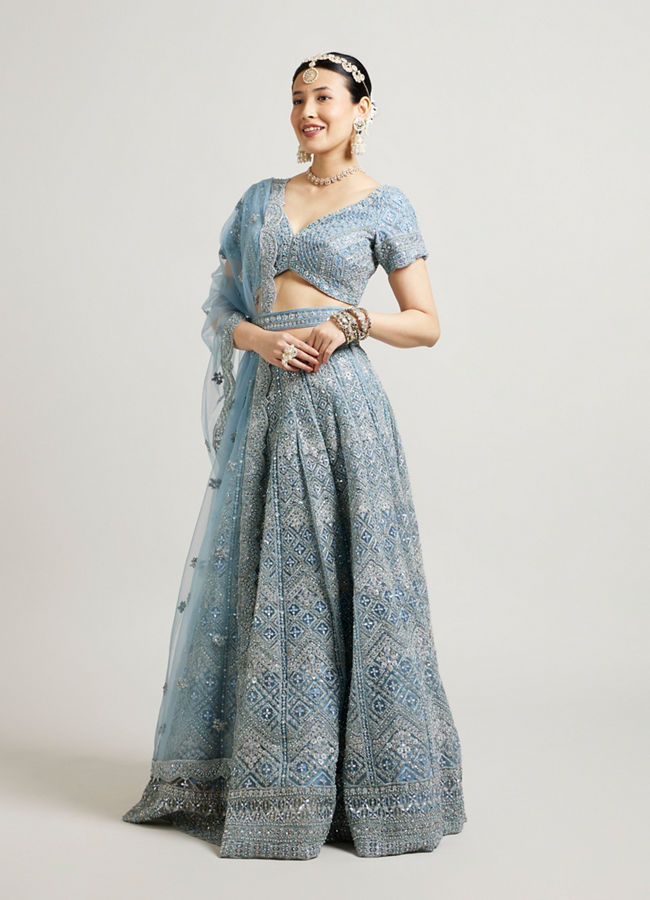 Mohey Women Ethereal Blue Net Lehenga