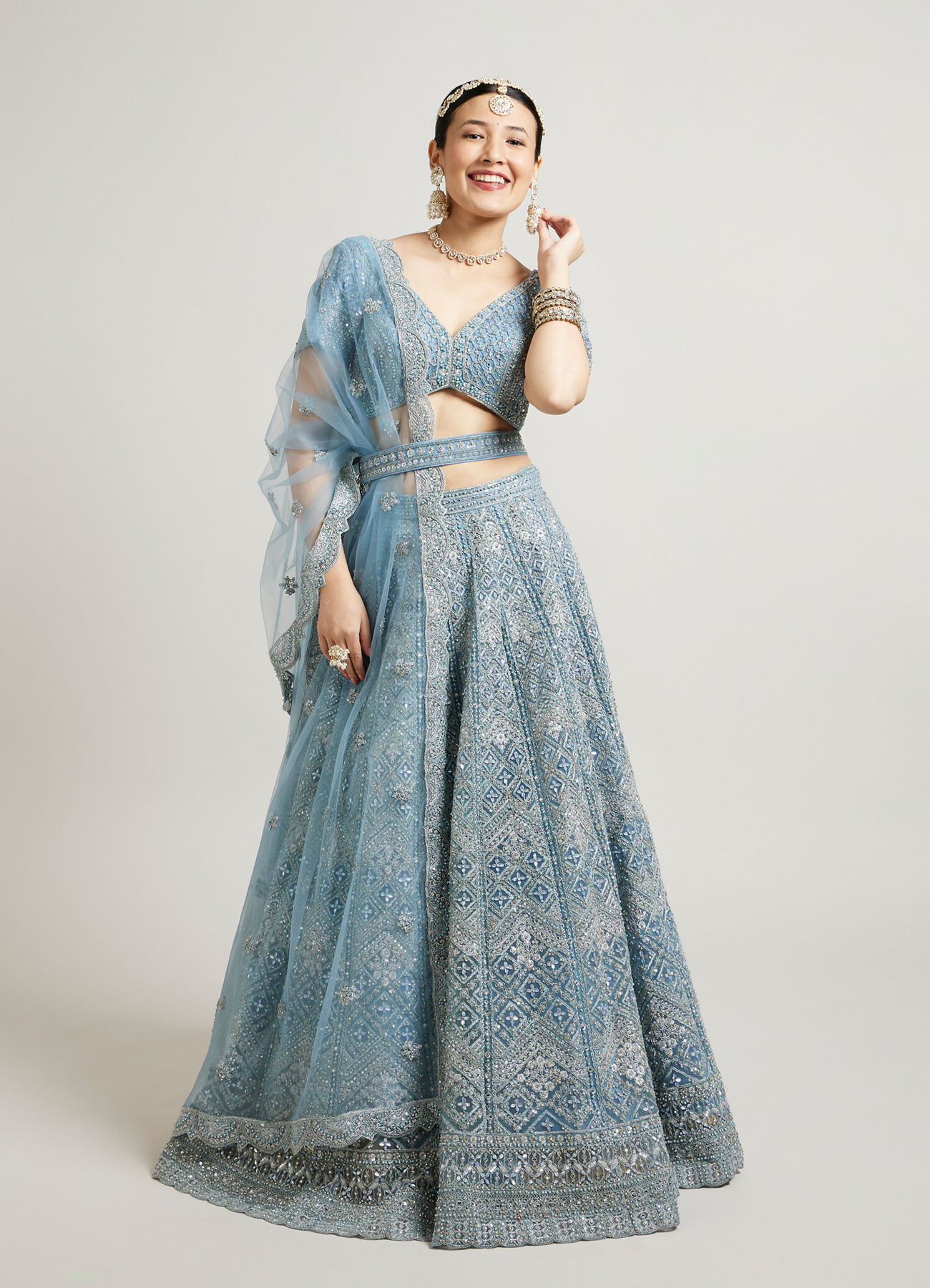 Mohey Women Ethereal Blue Net Lehenga