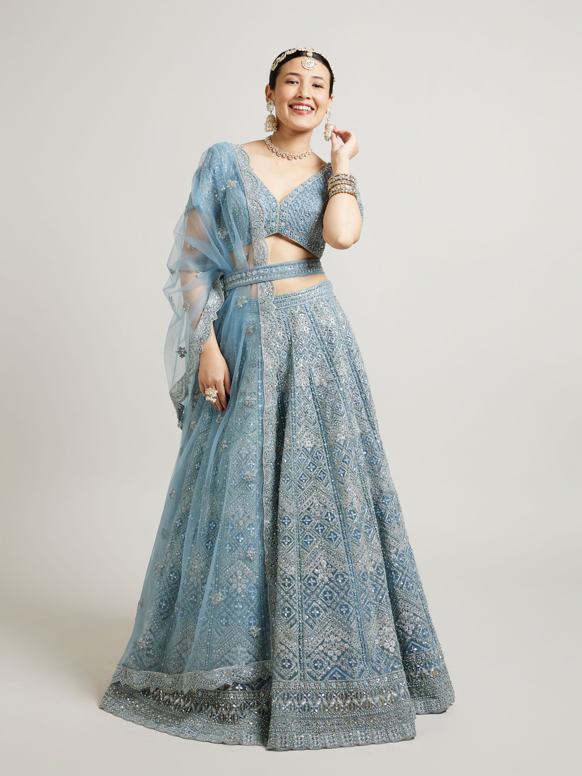 Mohey Women Ethereal Blue Net Lehenga