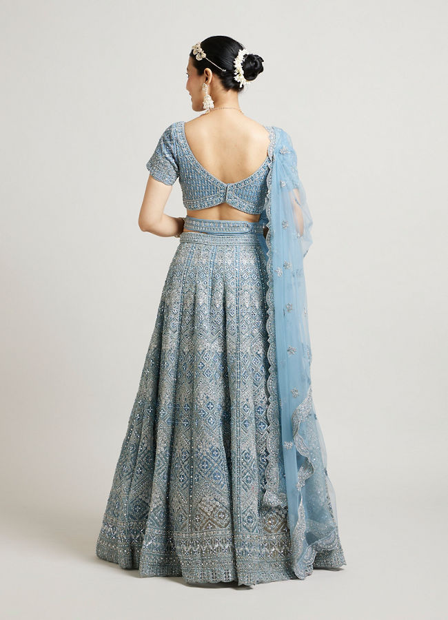 Mohey Women Ethereal Blue Net Lehenga