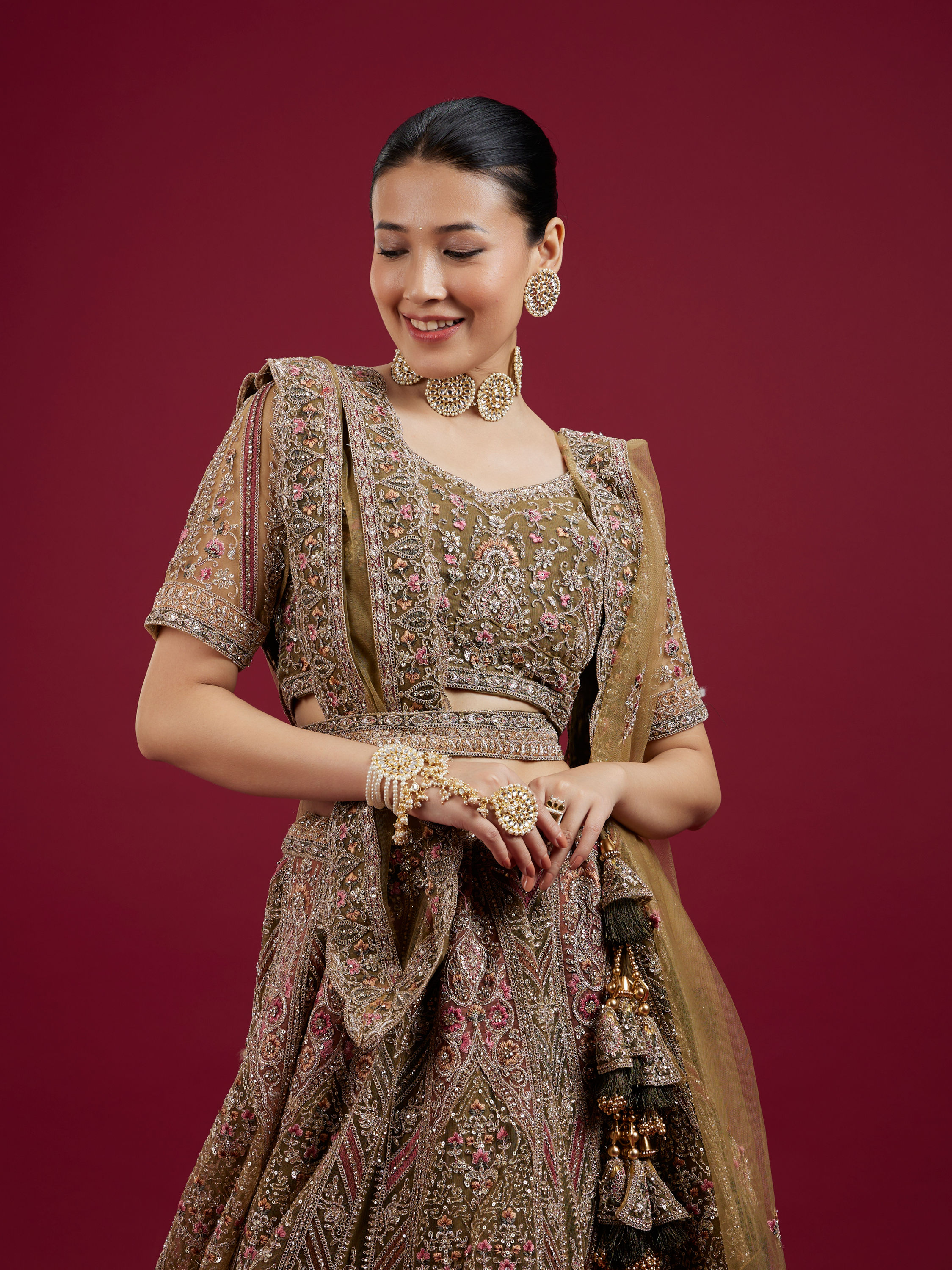 Mohey Women Serene Mehandi Green Festive Lehenga