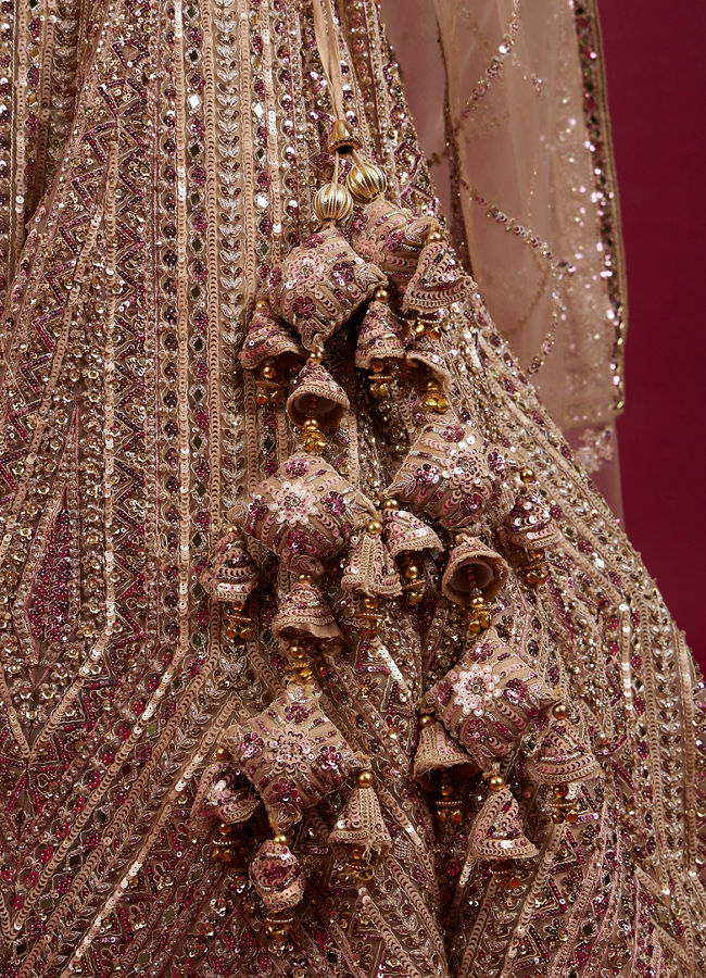Mohey Women Golden Glory Fawn Lehenga