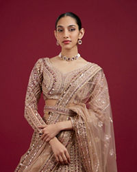 Mohey Women Golden Glory Fawn Lehenga