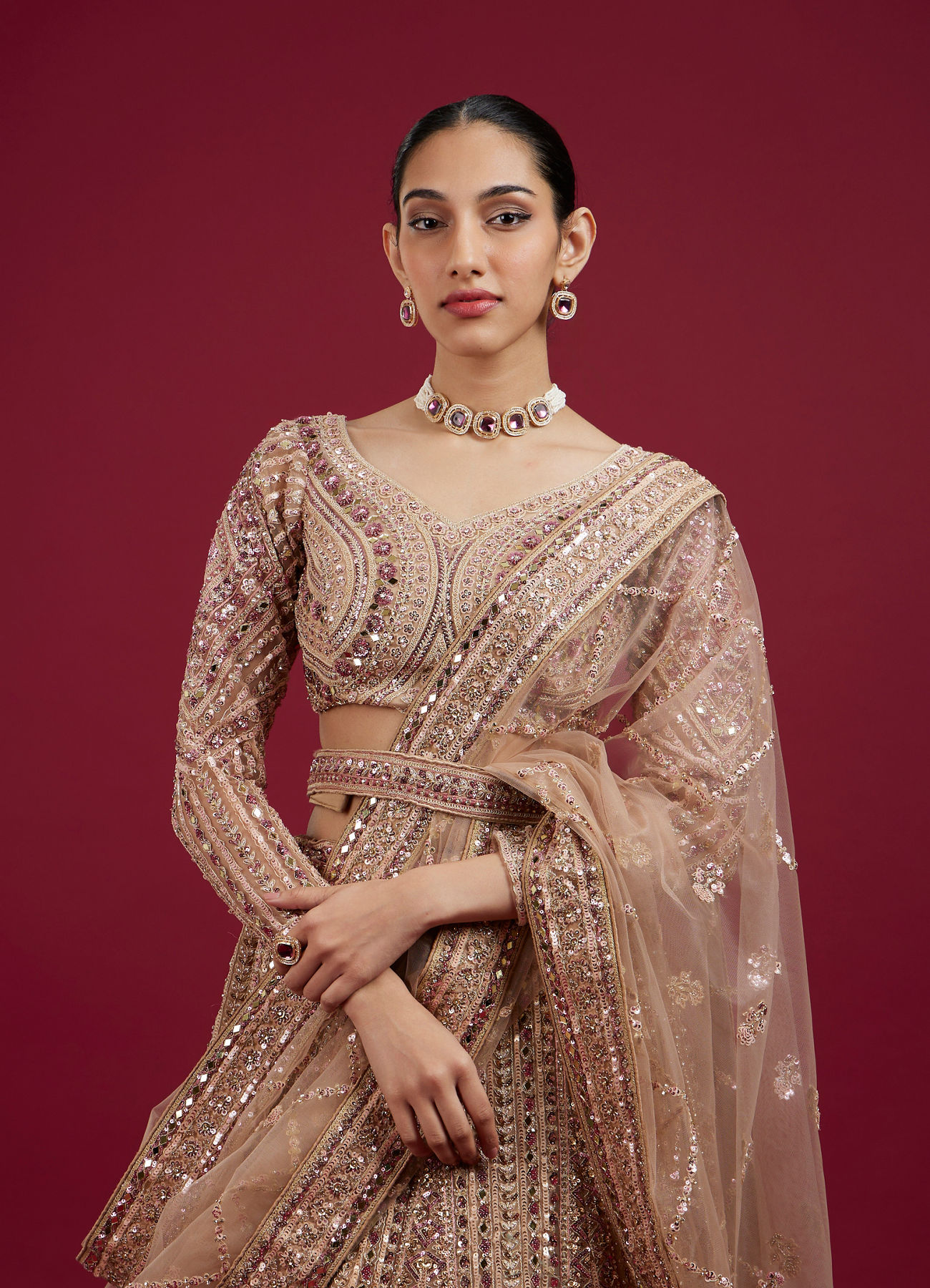 Mohey Women Golden Glory Fawn Lehenga
