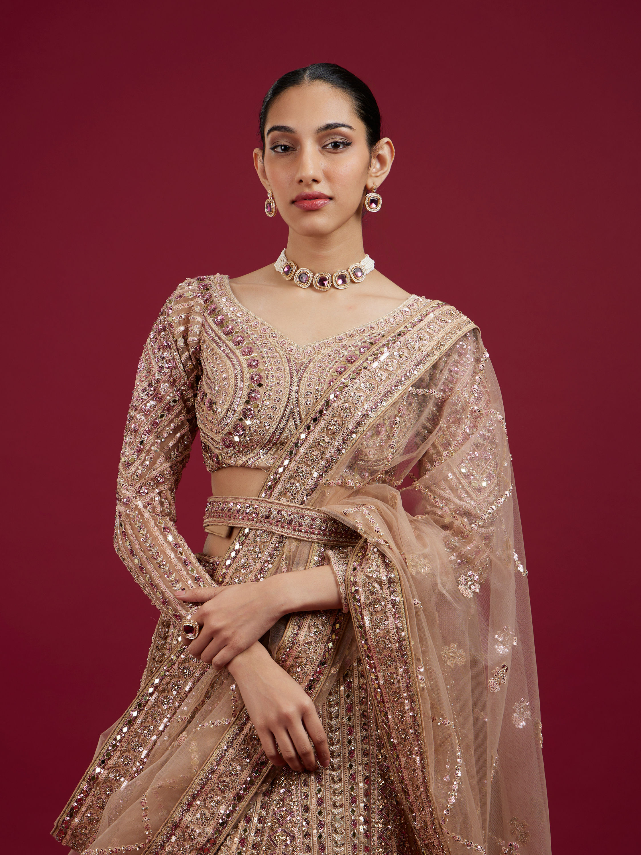 Mohey Women Golden Glory Fawn Lehenga