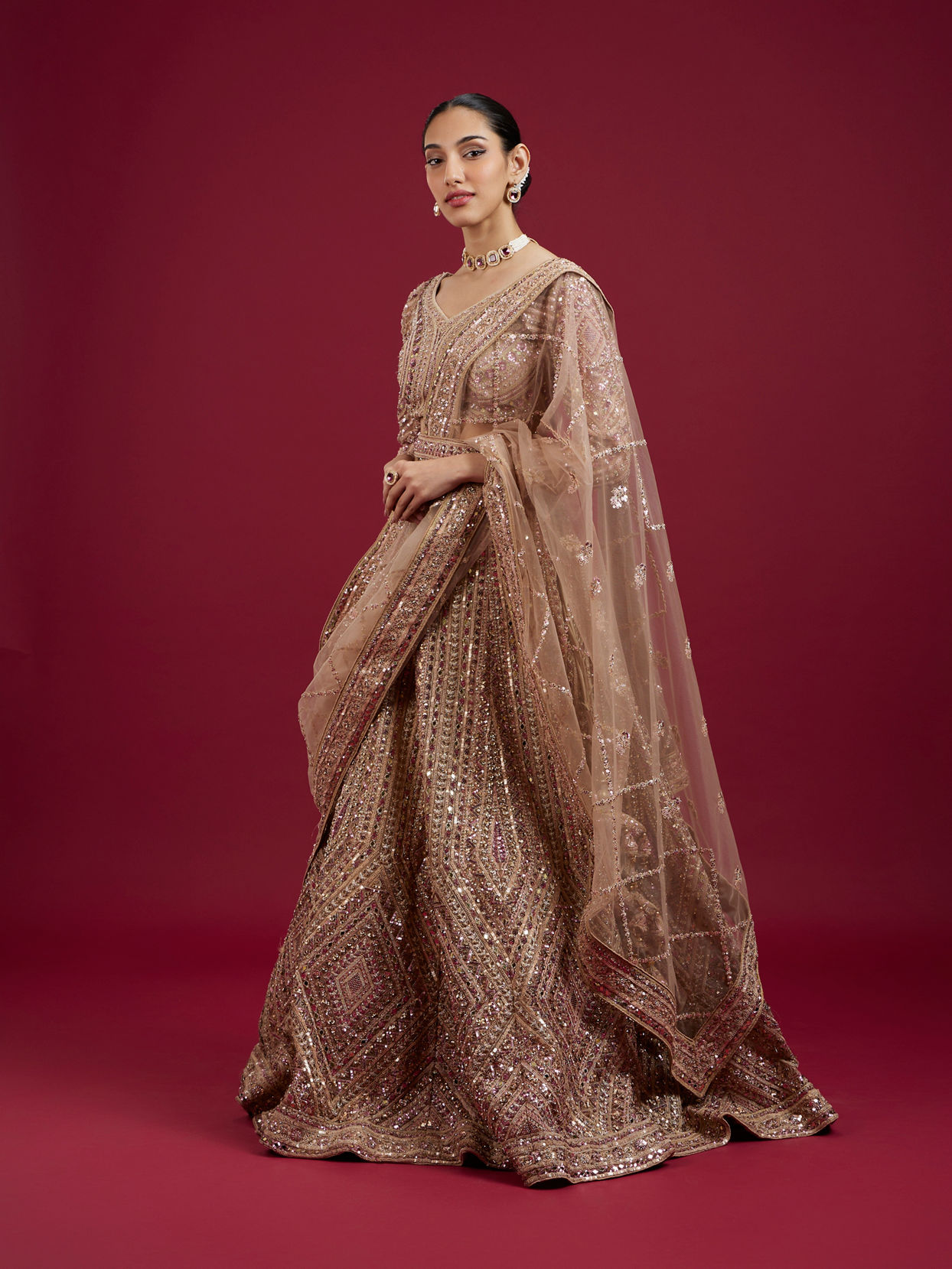 Mohey Women Golden Glory Fawn Lehenga