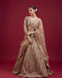 Mohey Women Golden Glory Fawn Lehenga