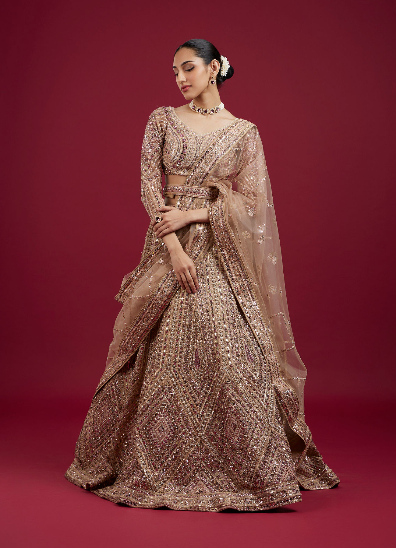 Mohey Women Golden Glory Fawn Lehenga