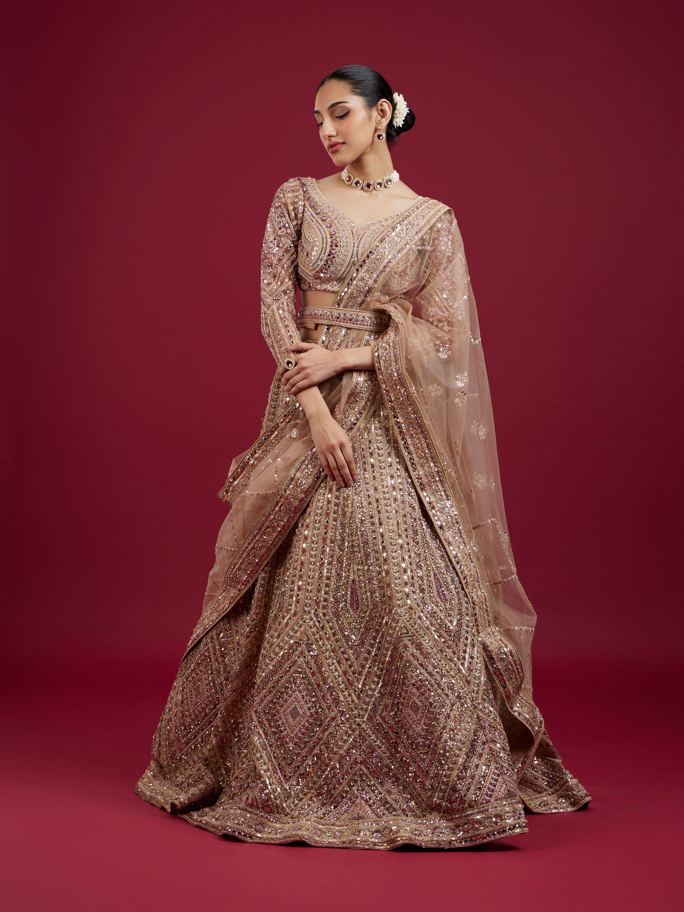 Mohey Women Golden Glory Fawn Lehenga