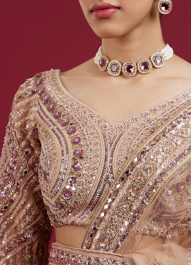 Mohey Women Golden Glory Fawn Lehenga