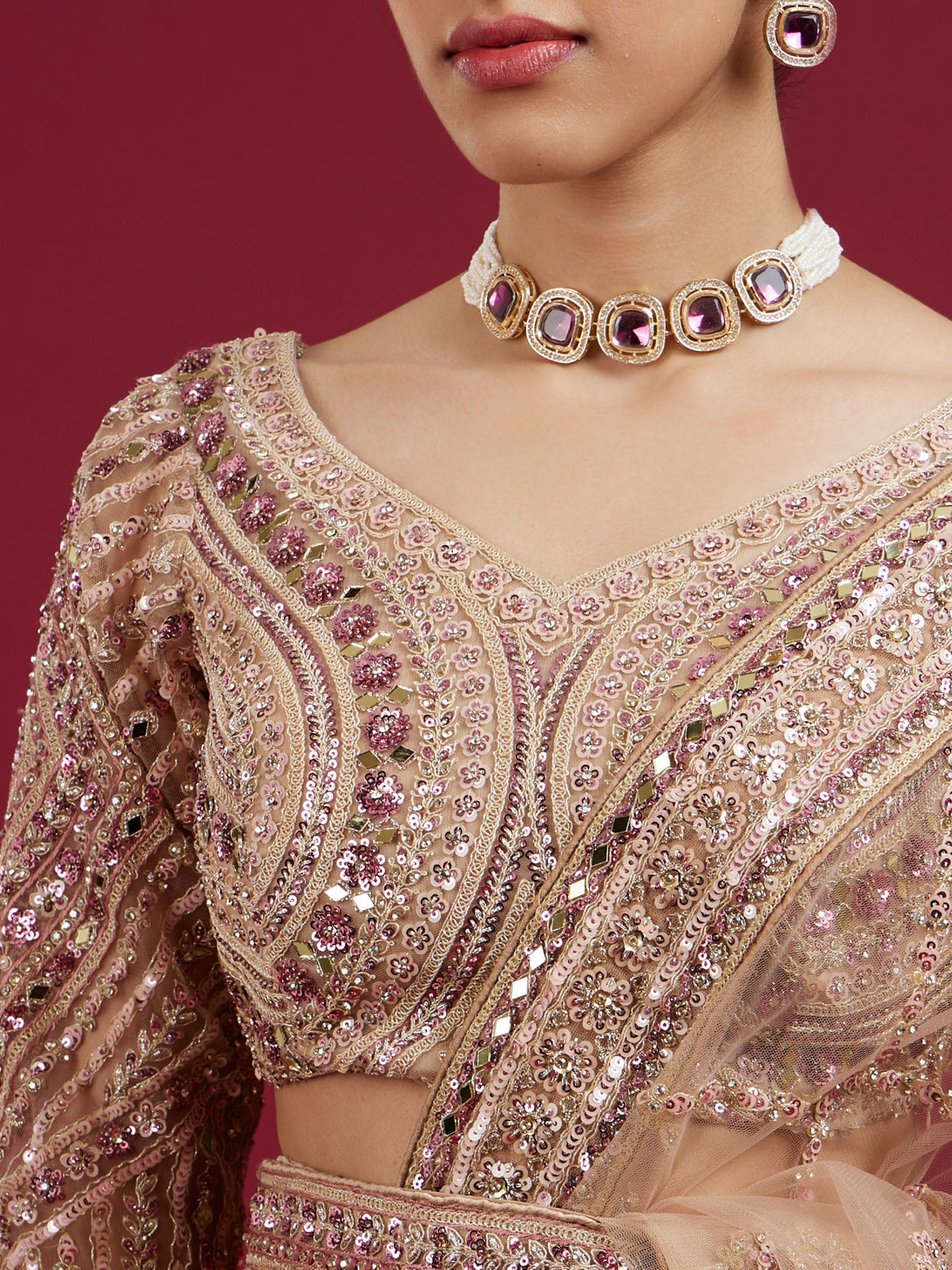 Mohey Women Golden Glory Fawn Lehenga