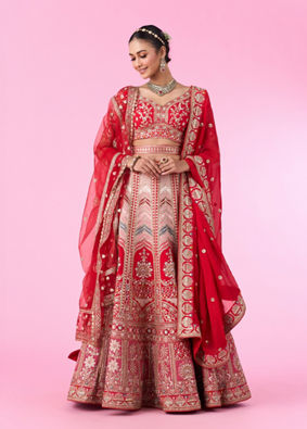 Mohey Women Radiant Red Festive Bridal Lehenga