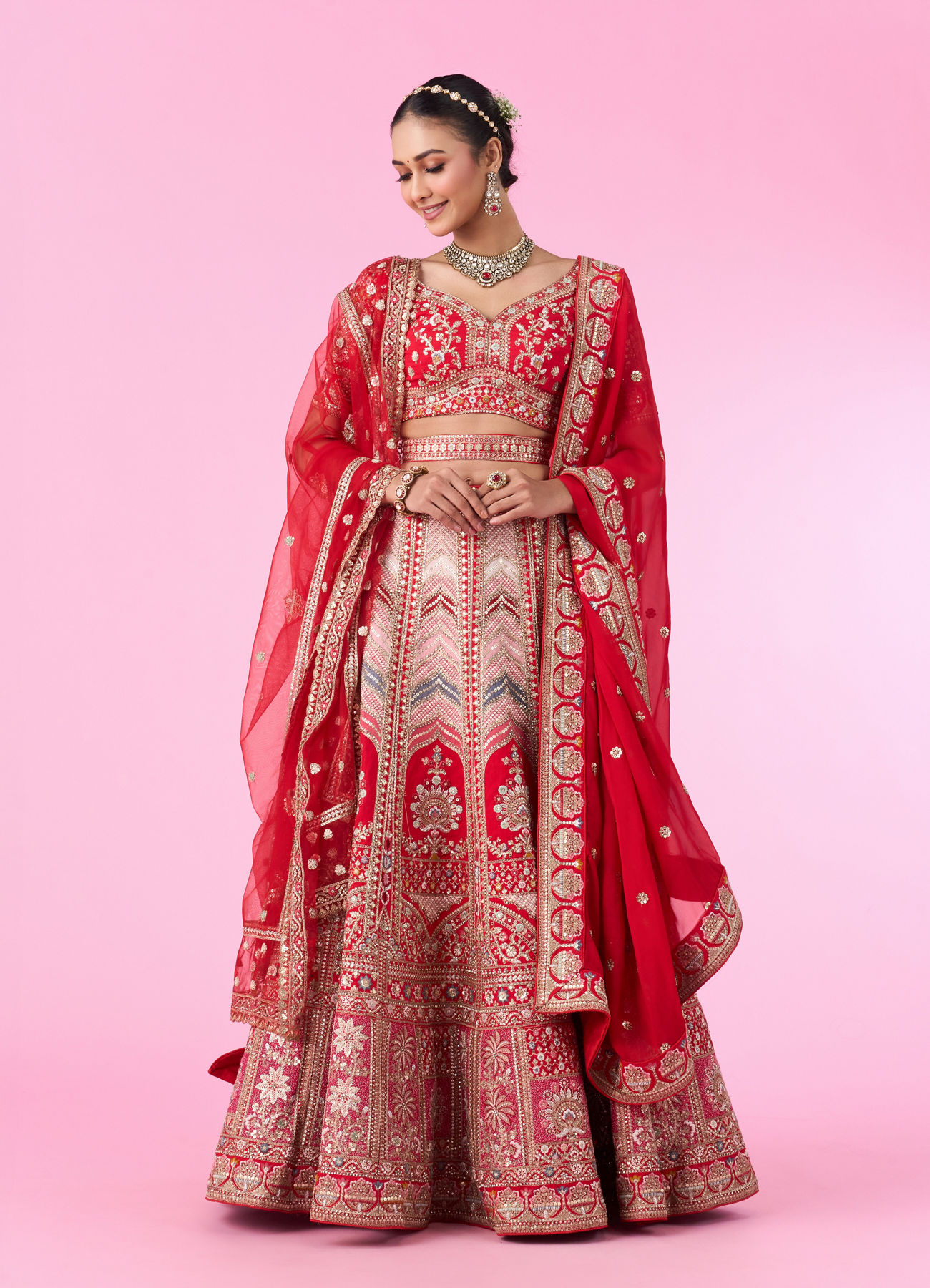 Mohey Women Radiant Red Festive Bridal Lehenga