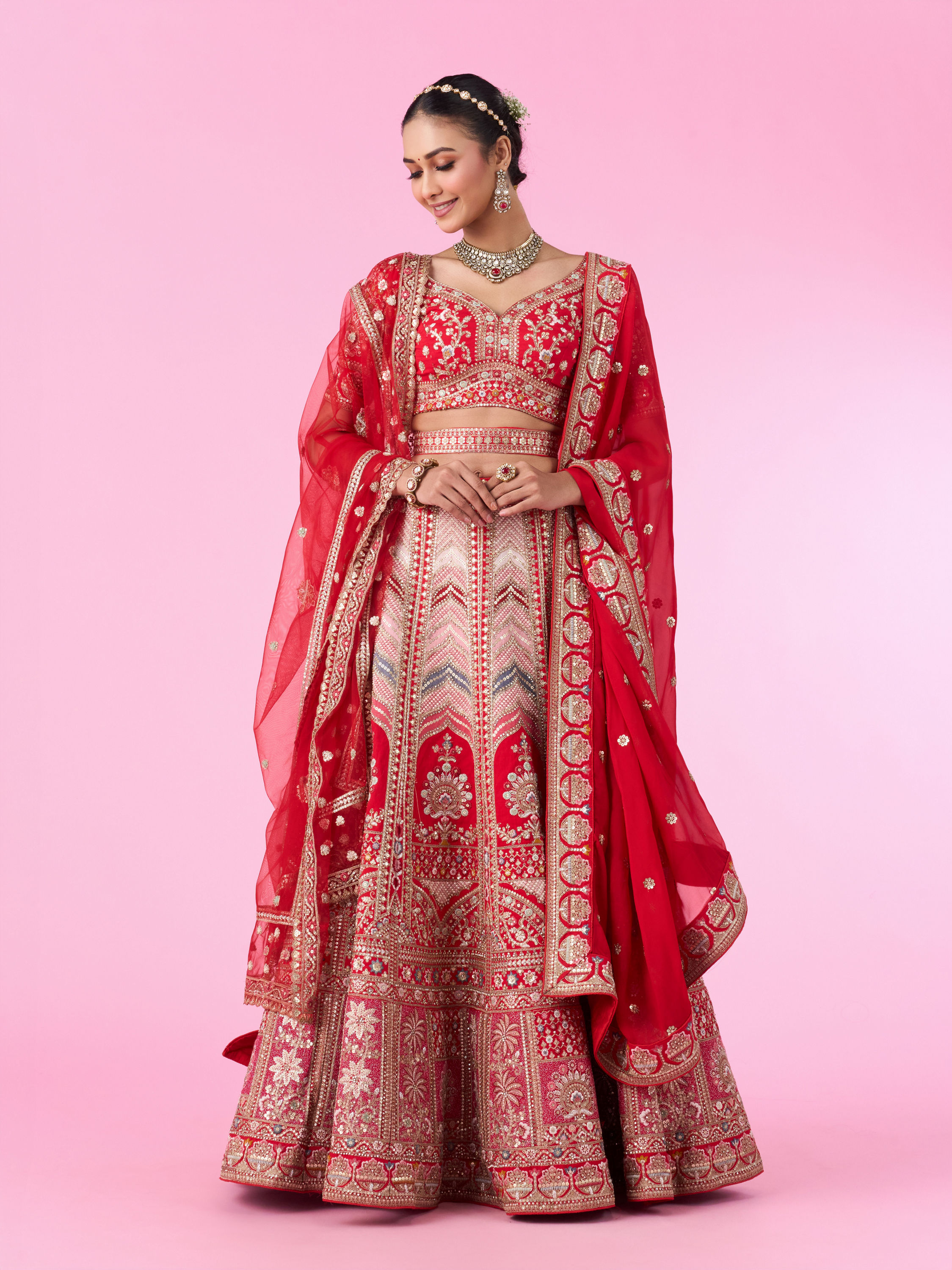 Mohey Women Radiant Red Festive Bridal Lehenga