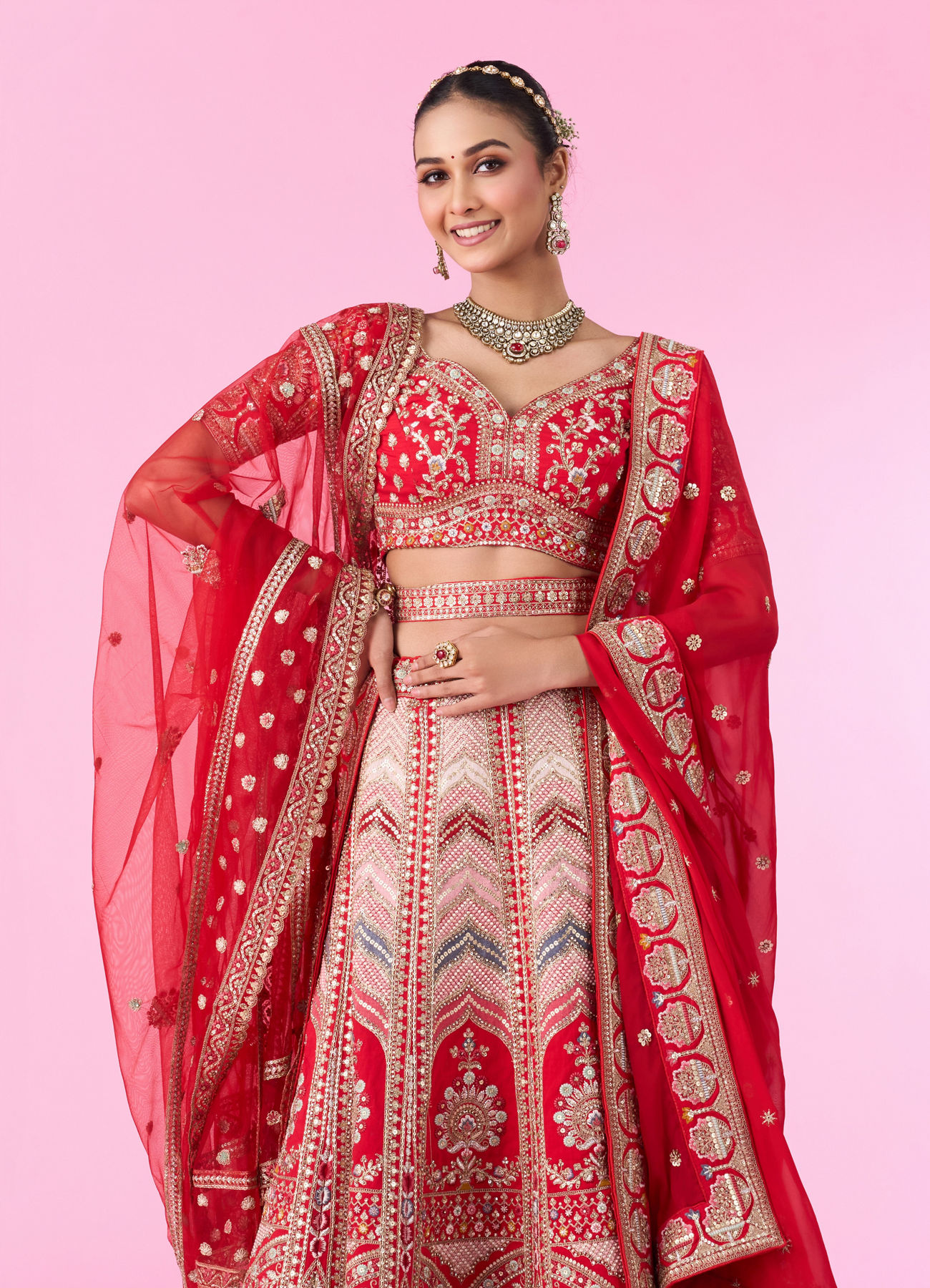 Mohey Women Radiant Red Festive Bridal Lehenga