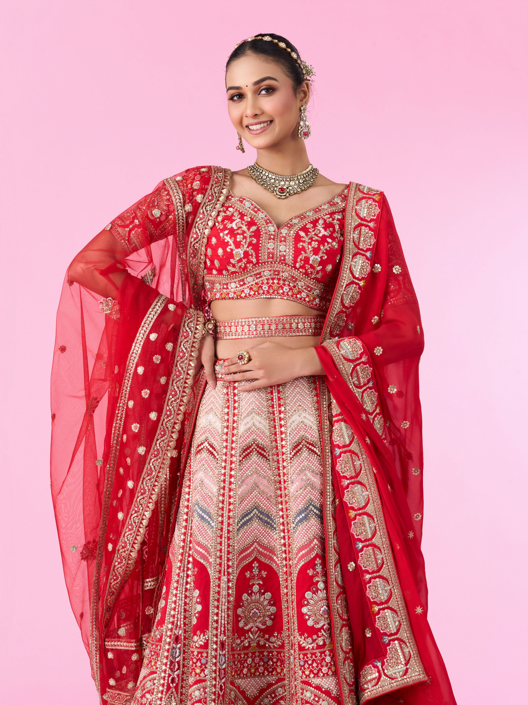 Mohey Women Radiant Red Festive Bridal Lehenga