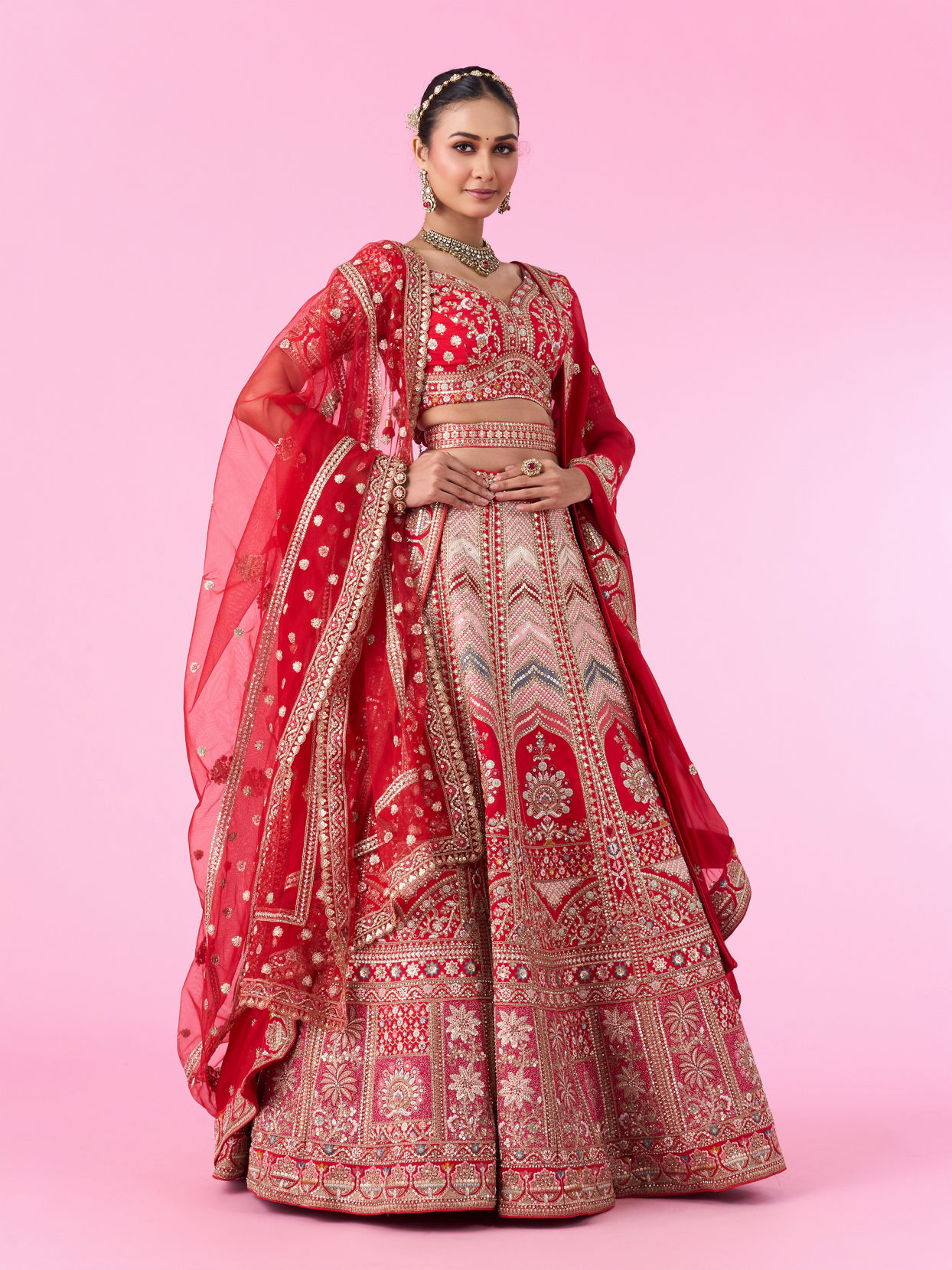 Mohey Women Radiant Red Festive Bridal Lehenga