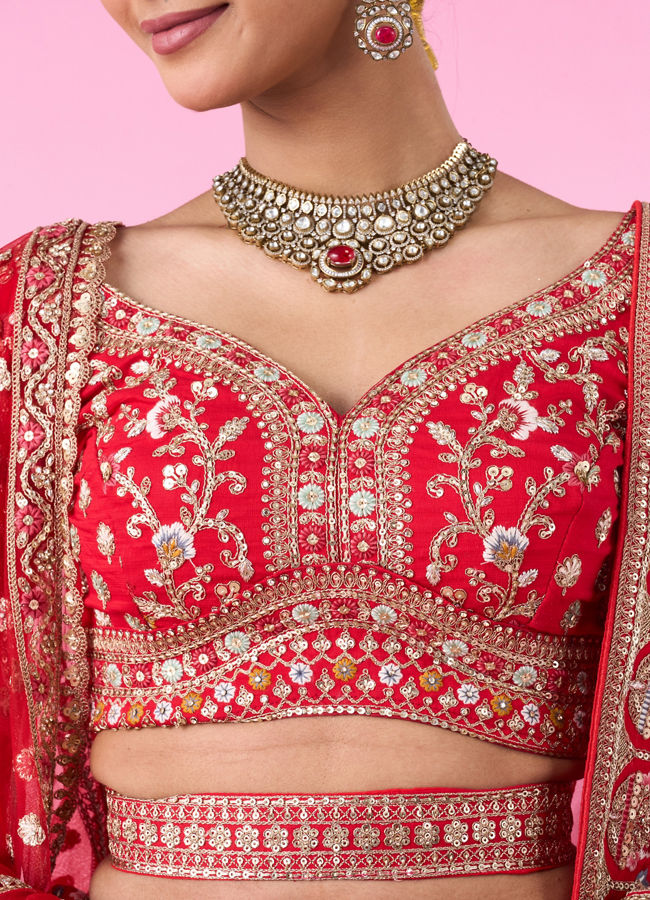 Mohey Women Radiant Red Festive Bridal Lehenga