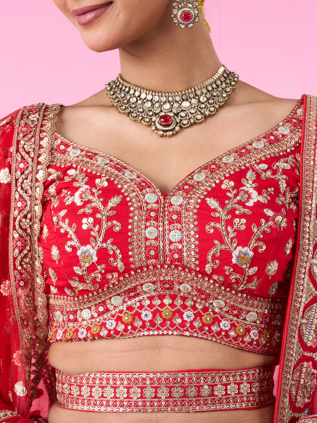 Mohey Women Radiant Red Festive Bridal Lehenga