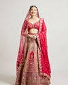 alt message - Mohey Women Radiant Red and Mustard Bridal Art Silk Lehenga image number 1