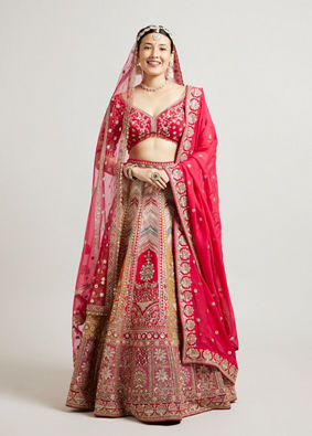 alt message - Mohey Women Radiant Red and Mustard Bridal Art Silk Lehenga image number 1