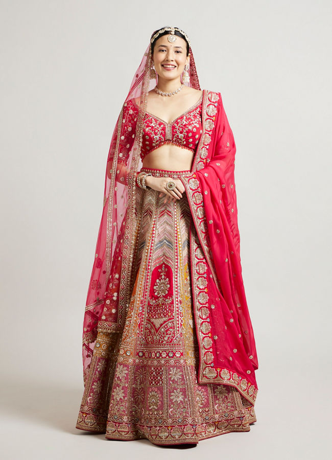 alt message - Mohey Women Radiant Red and Mustard Bridal Art Silk Lehenga image number 1