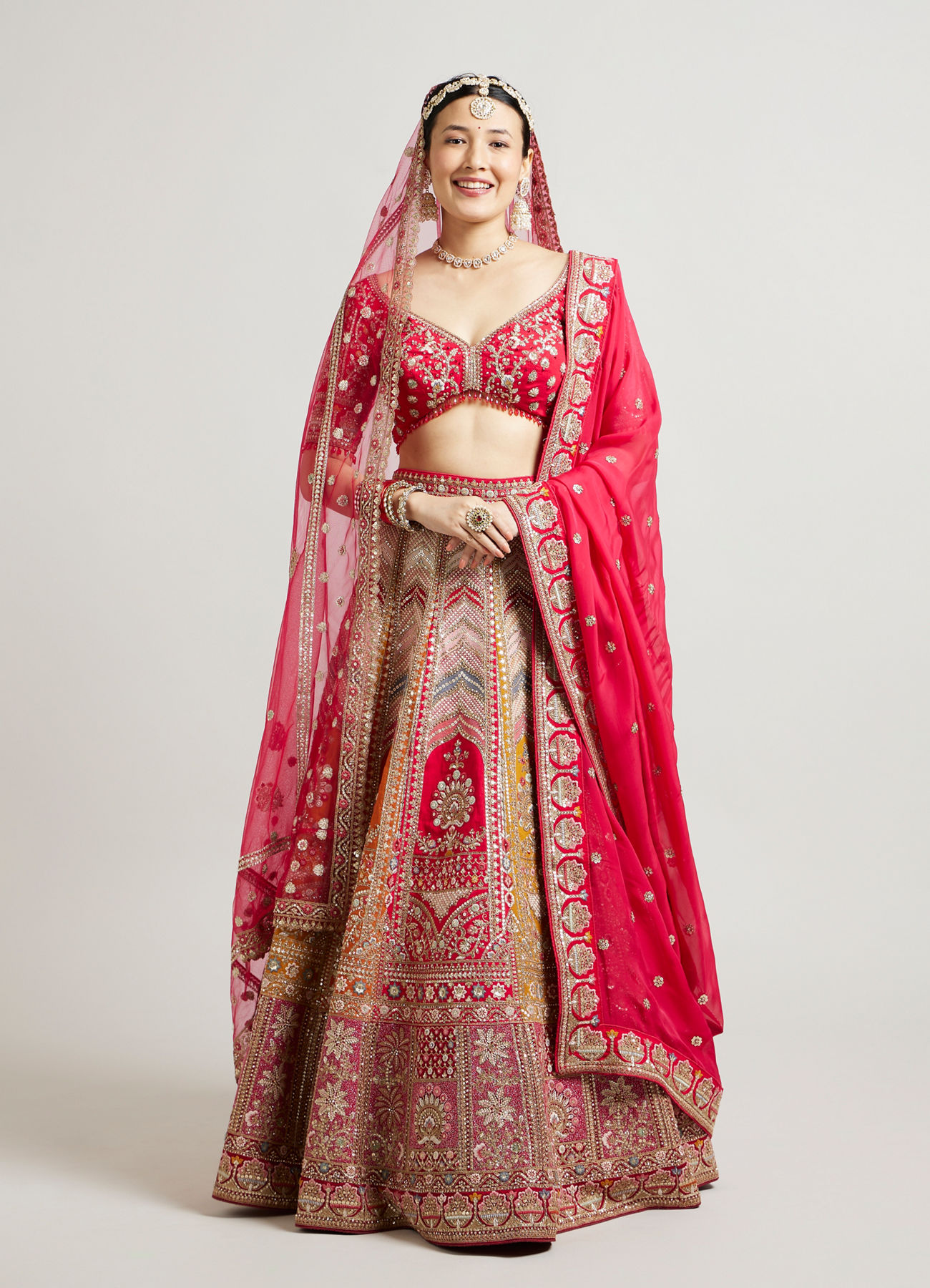 Mohey Women Radiant Red and Mustard Bridal Art Silk Bridal Lehenga