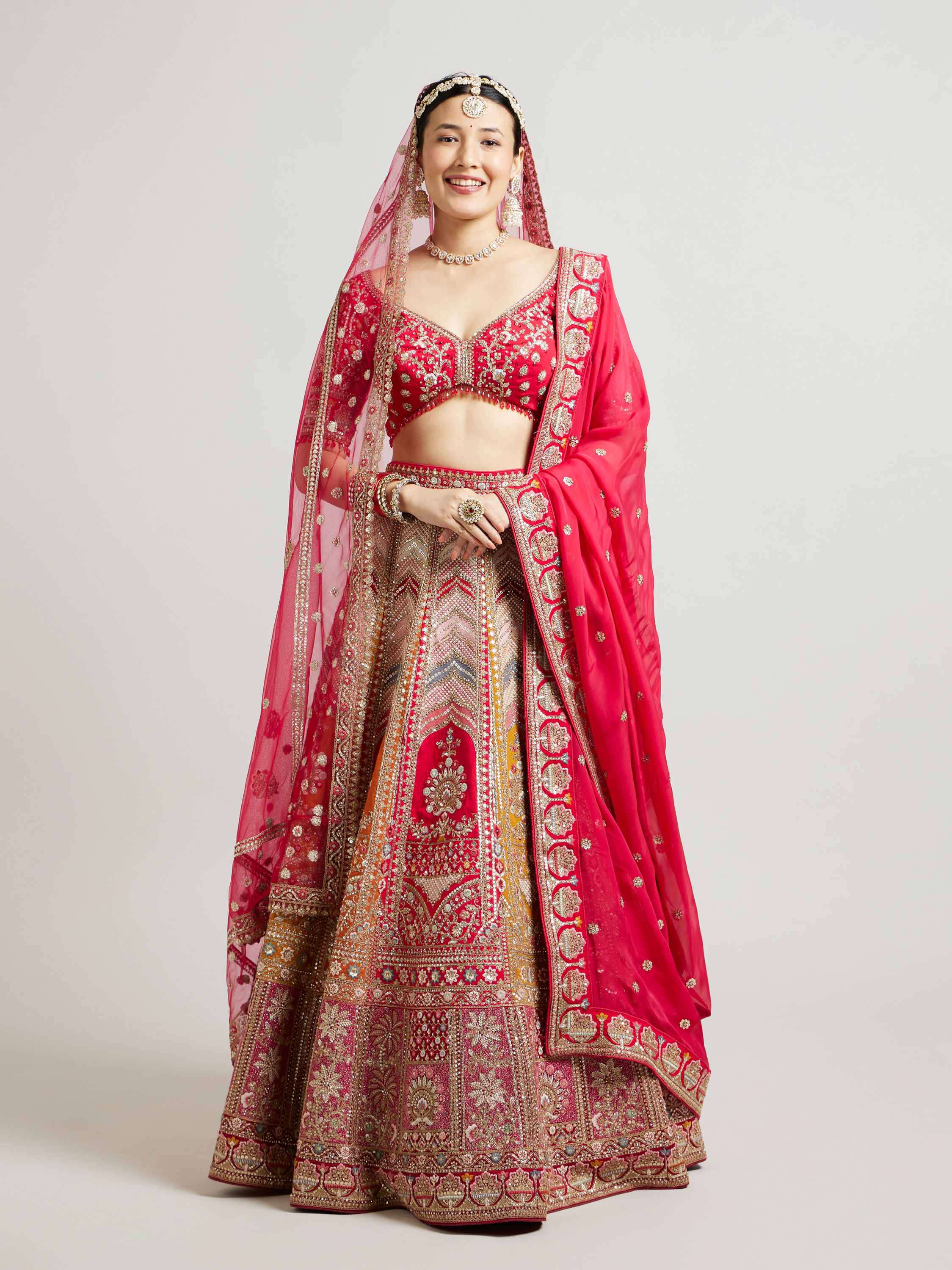 Mohey Women Radiant Red and Mustard Bridal Art Silk Bridal Lehenga