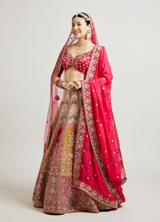 alt message - Mohey Women Radiant Red and Mustard Bridal Art Silk Lehenga image number 3