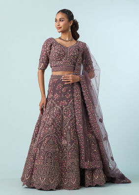 Mohey Women Purple Net Bridal Lehenga Set