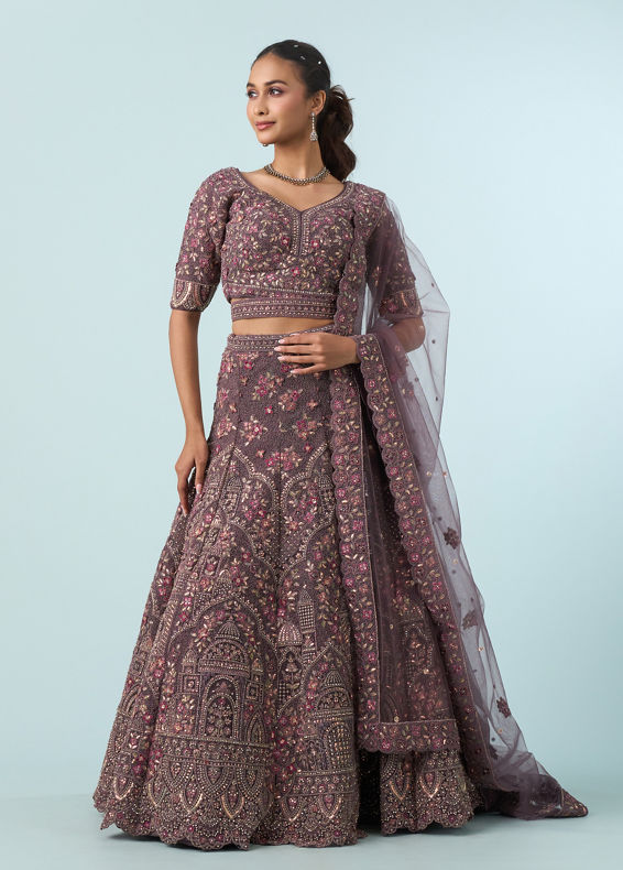 Mohey Women Purple Net Bridal Lehenga Set
