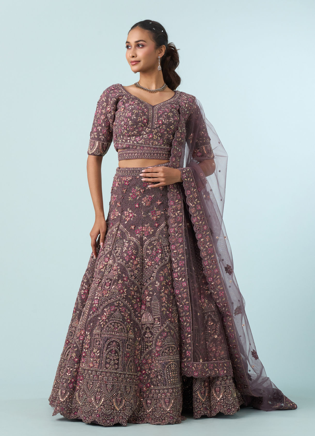 Mohey Women Purple Net Bridal Lehenga Set