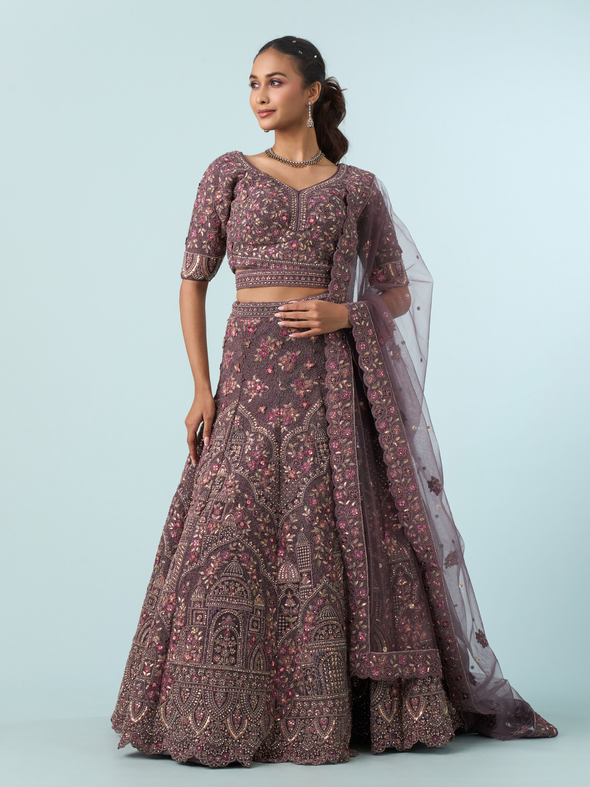 Mohey Women Purple Net Bridal Lehenga Set