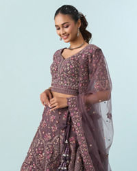 Mohey Women Purple Net Bridal Lehenga Set
