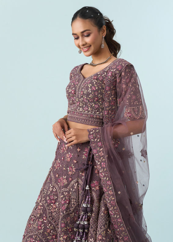 Mohey Women Purple Net Bridal Lehenga Set