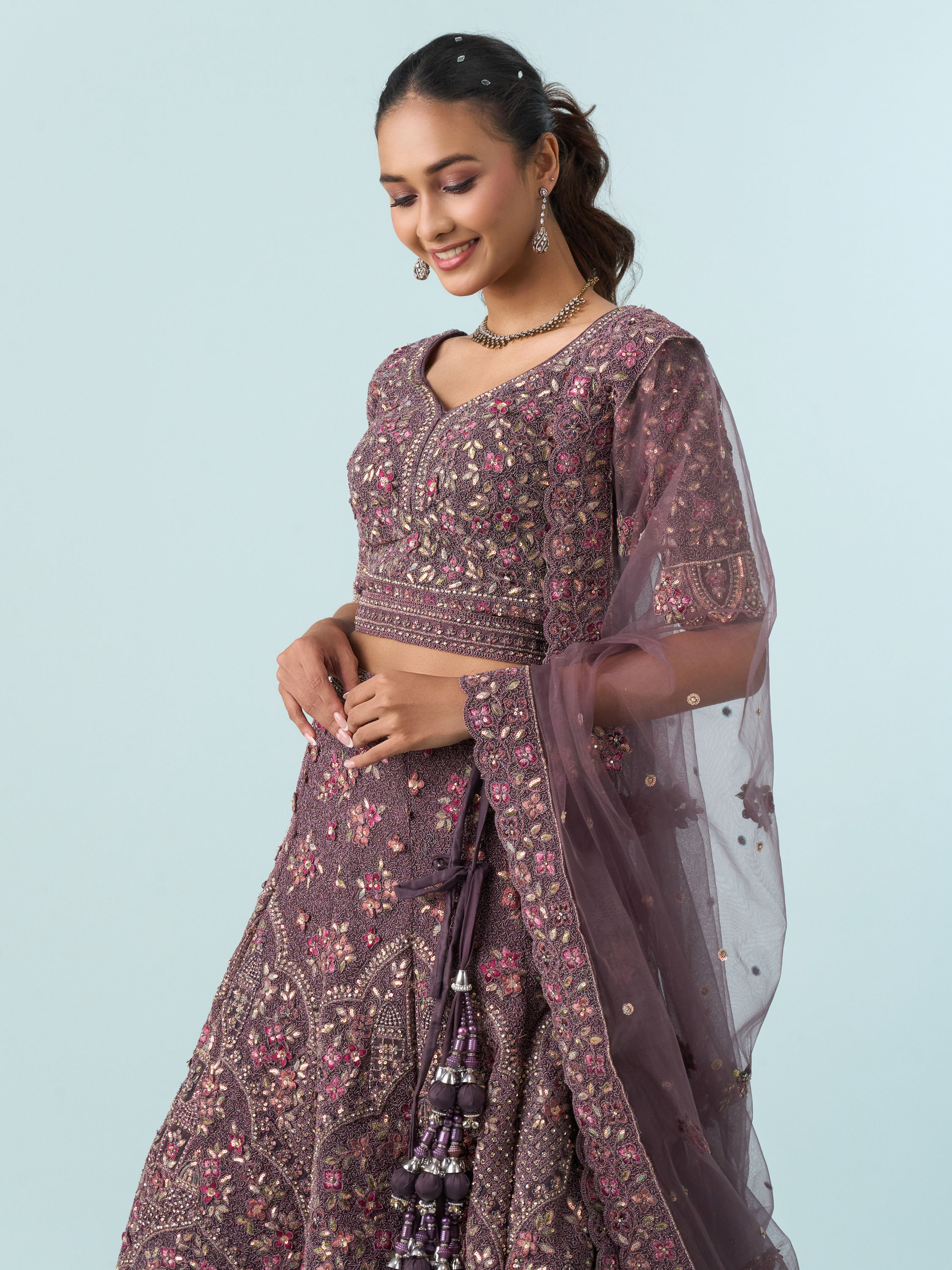 Mohey Women Purple Net Bridal Lehenga Set