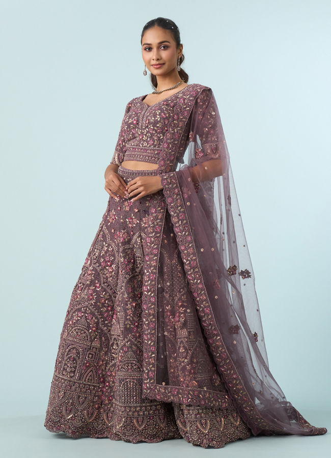 Mohey Women Purple Net Bridal Lehenga Set