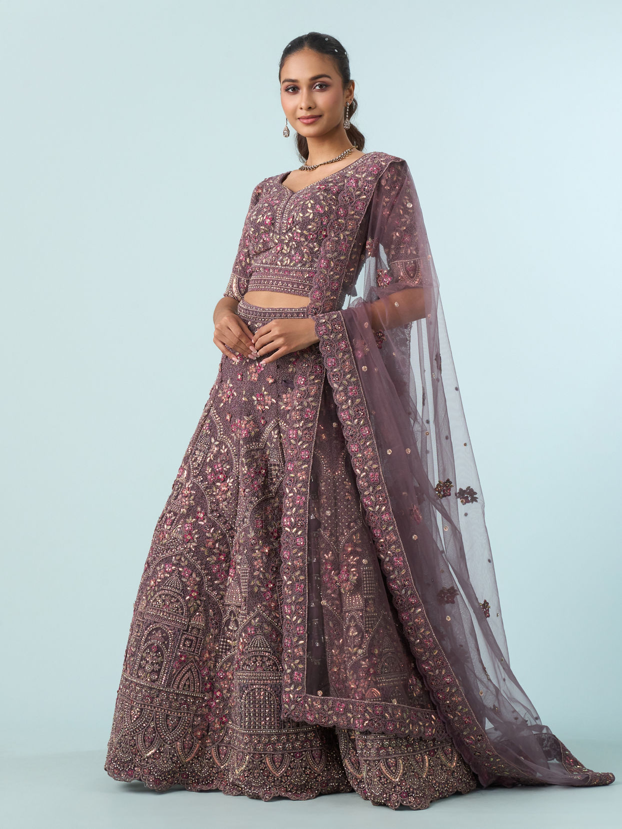 Mohey Women Purple Net Bridal Lehenga Set