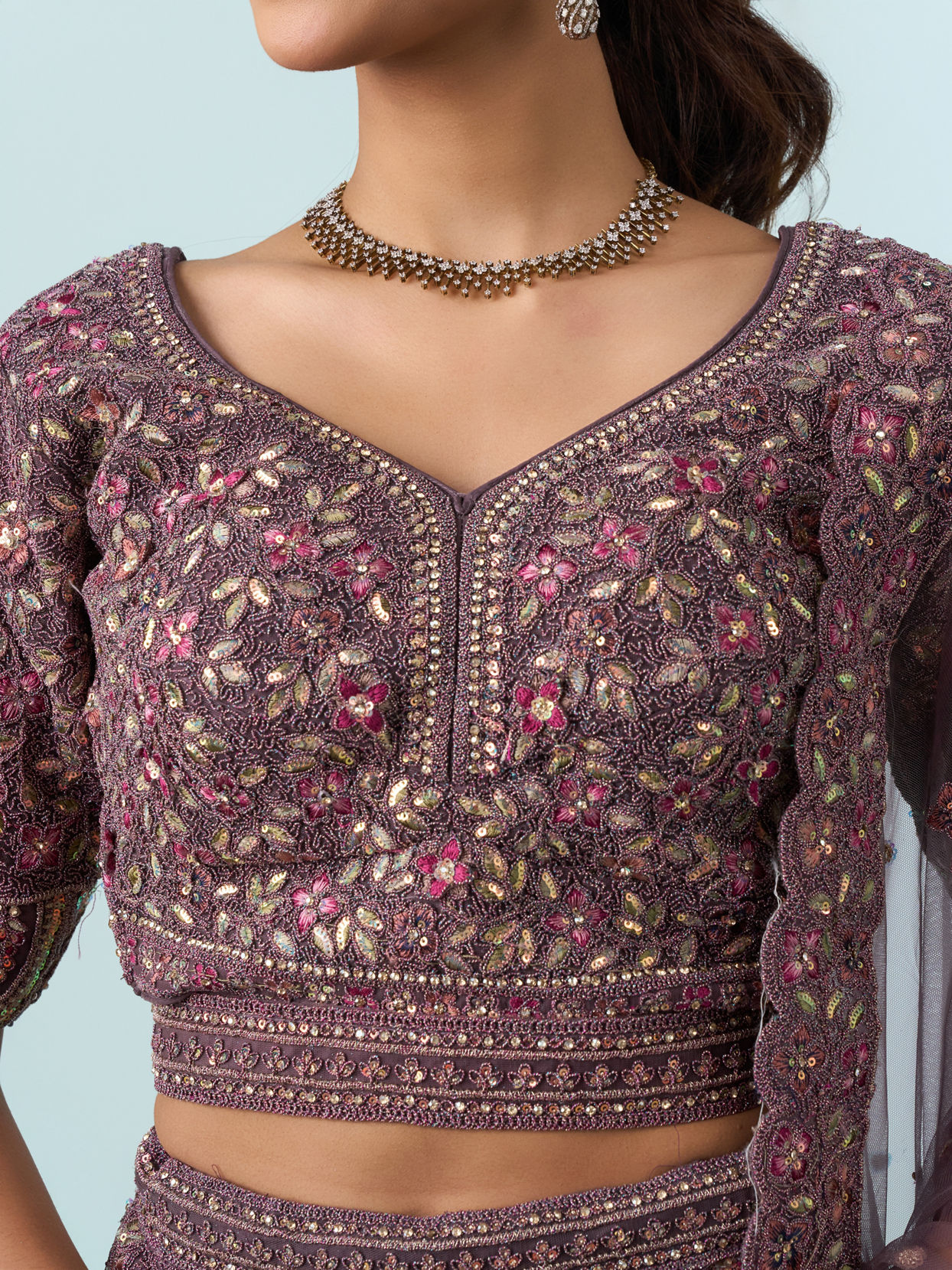 Mohey Women Purple Net Bridal Lehenga Set
