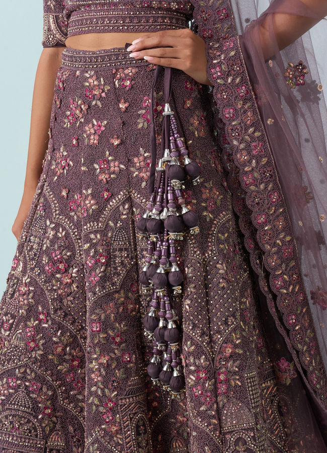 Mohey Women Purple Net Bridal Lehenga Set
