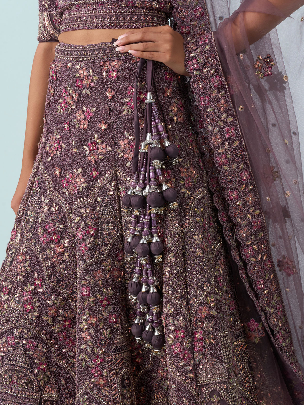 Mohey Women Purple Net Bridal Lehenga Set